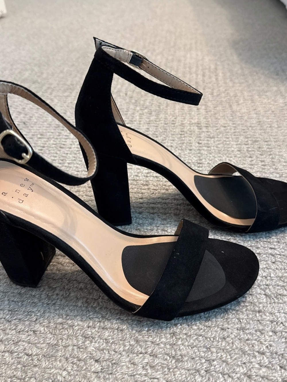 a new day Black Suede Ankle-Strap Block Heel Sandals
